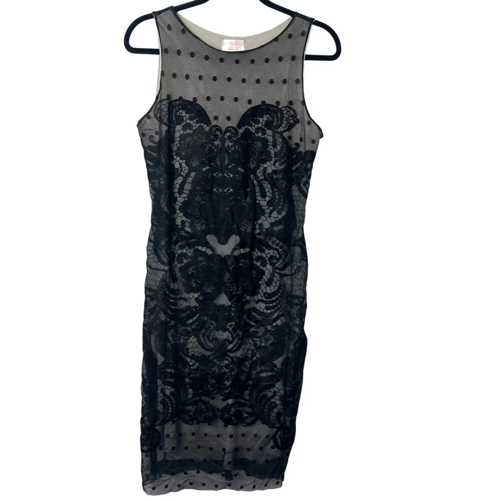 Petit Pois Flocked Lace Mesh Sleeveless Cocktail Dress Black Size Medium